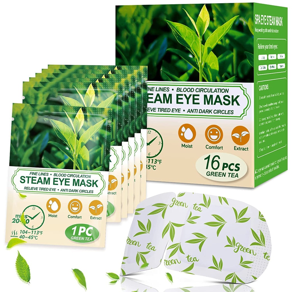 16 embalagens Máscaras de olhos a vapor para olhos secos, Máscara de olhos quentes de chá verde, Fadiga de olhos de alívio e olhos fofos, Compressão de aquecimento de umidade para olhos, Máscara de olhos auto-aquecidos, Essenciais de viagem descartáveis e conjuntos de relaxamento