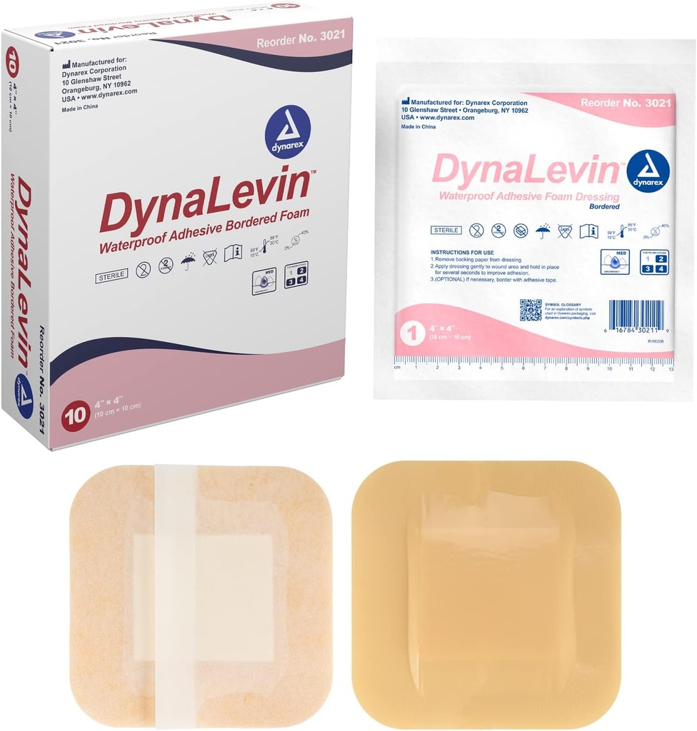 Dynarex Dynalevin Adesivos Impermeáveis Bordered Foam, 10 Count/4 x 4 Ponch