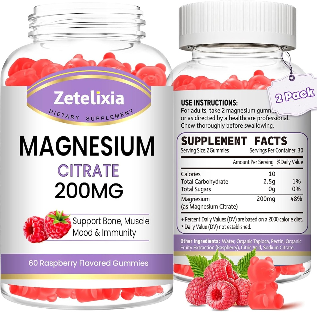 2 Pacote Gummies de Citrato de Magnésio, Gummies de Magnésio de Alta Absorção para Adultos, Suporte de Músculo & Dentes, Vegan Natural Framboesa Flavor 120 Cts