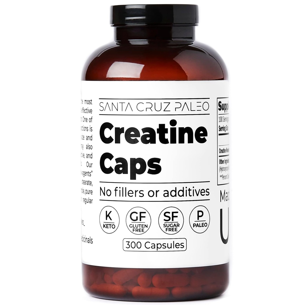 Santa Cruz Paleo Creatina Cápsulas, Suporta Crescimento Músculo & Energia, Glúten Livre, Keto, Açúcar Livre, Paleo, Sem preenchimentos ou aditivos, Creatina Monohidrato comprimidos, 2500mg, 100 Servões, 300 Cápsulas