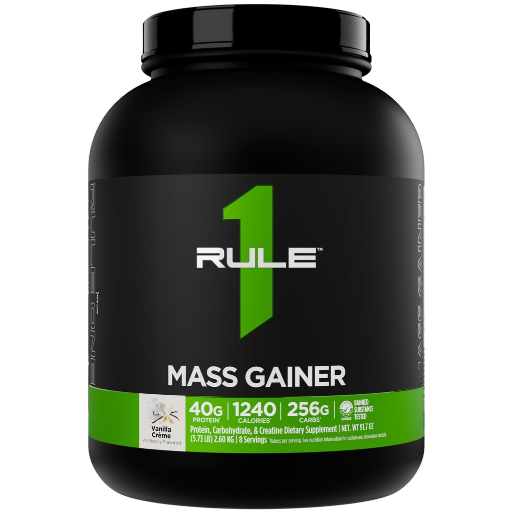 Regra 1 Mass Gainer - Fórmula de ganho de peso de alta calorias com 1,220+ Calorias, 250g+ Mistura complexa de carboidratos, 40g de proteína de soro por serviço (8 Servings, Vanilla Crème)