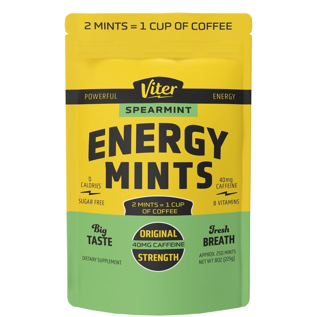 Viter Energy 40mg Caffeine Mints - Açúcar livre, B Vitaminas, Vegan, Boosts alerta rápido energizado foco, comprimidos nootrópicos cafeínados (Spearmint Flavor, 8 oz, Bolsa em massa)