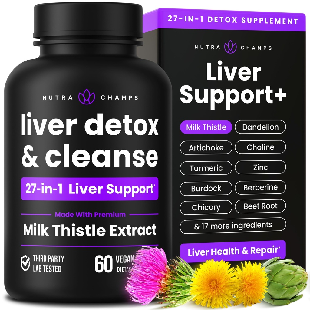 NutraChamps Fígado Cleanse Detox & Repair Formula, 20+ Ervas: Extrato de cardo de leite com silimarina, alcachofra, dente-de-leão, pó de raiz de chicória, Suplemento de pílulas de suporte de fígado, 60 Cápsulas