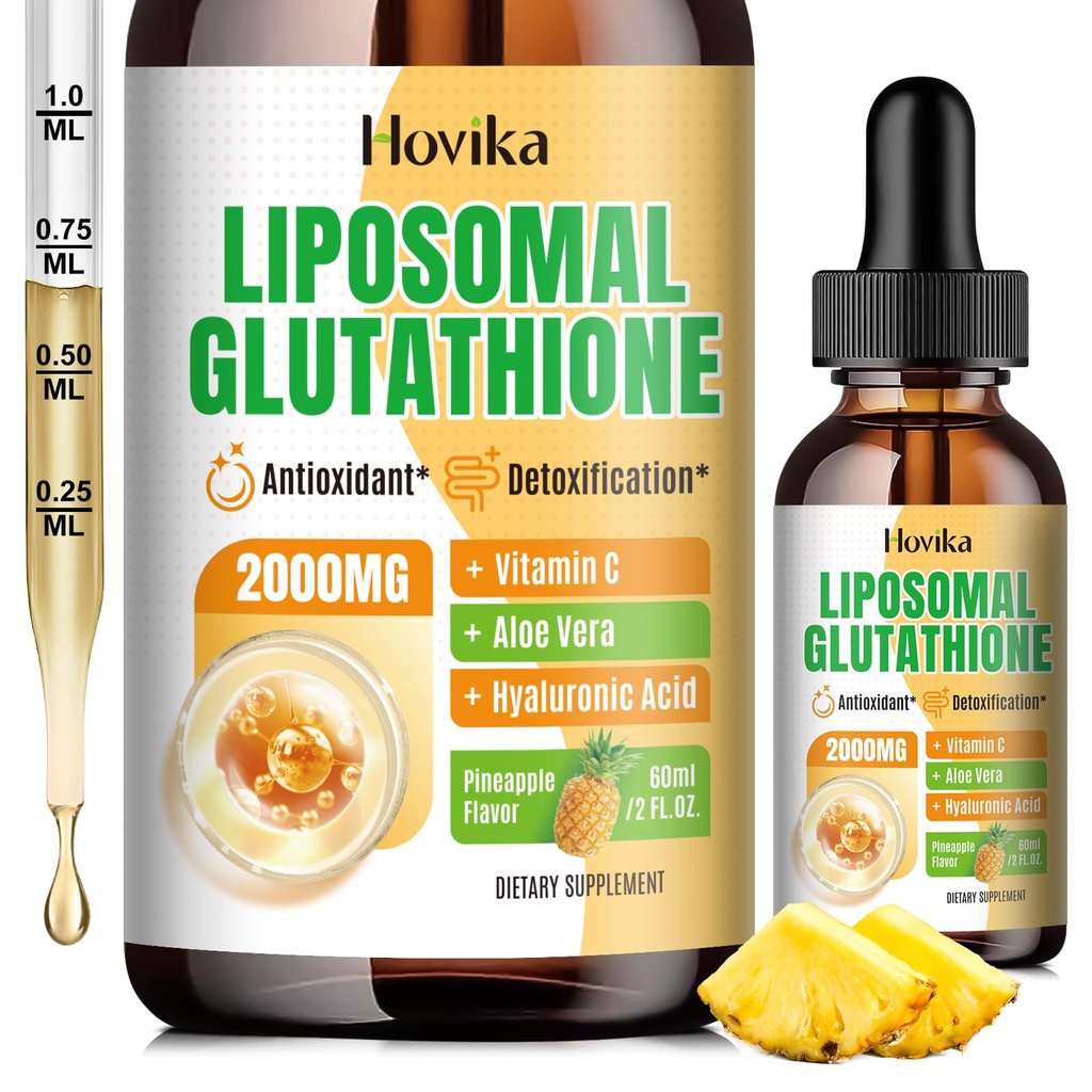 Suplemento de Glutationa lipossómica 2000mg, Gotas de Glutationa Líquida com Vitamina C, Mestre Antioxidantes para Sistema Imune, Defesa do Envelhecimento, Saúde da Pele, Detox Fígado - Absorção Superior, Abacaxi 2 Fl Oz