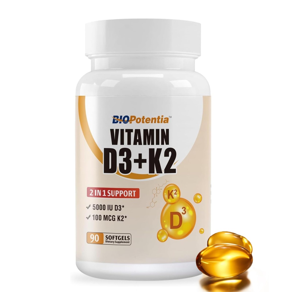 Vitamina D3 K2 (MK7) Suplemento de Softgel, Vitamina D3 5000 UI & K2 100MCG com suplemento de óleo MCT, suporte imunológico, saúde dos ossos e dentes, sem glúten, não-GMO o 90 Softgels