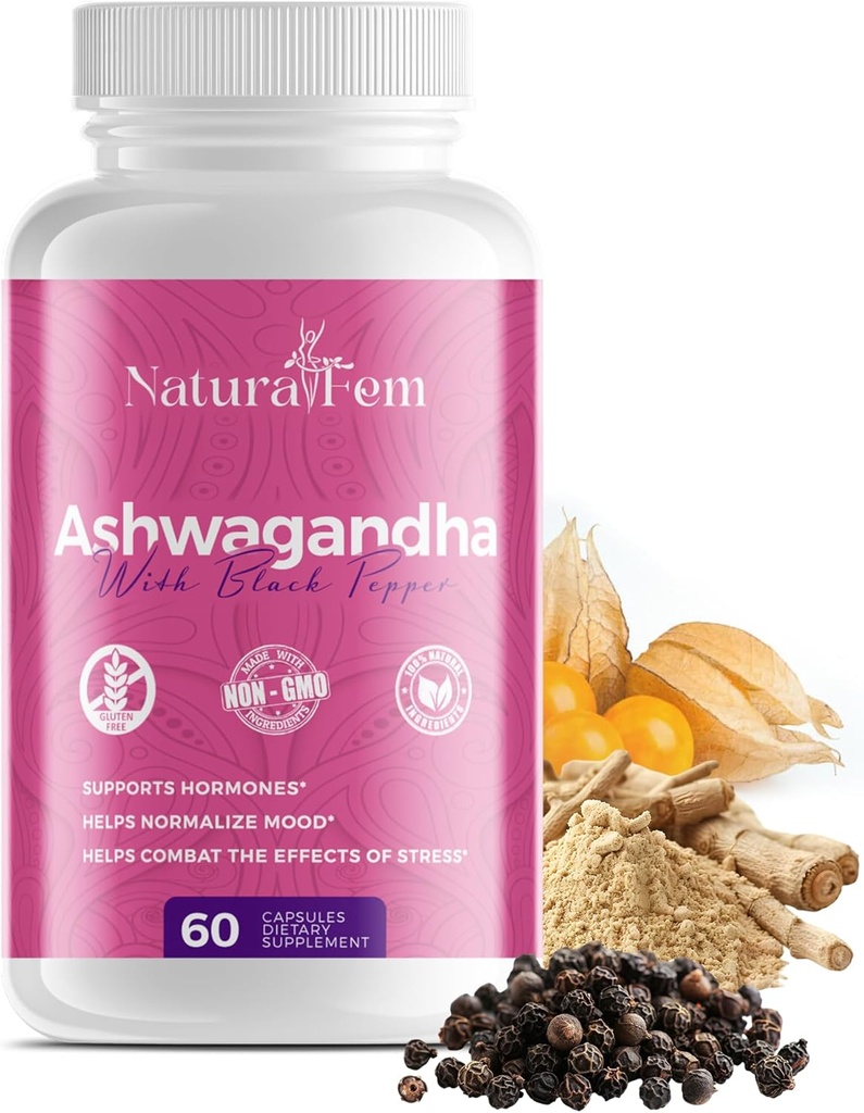 Naturalfem Ashwagandha Suplementos para Mulheres com Pimenta Preta - Gestão de Estresse, Hormônio e Mood Suporte Suplemento - Gluten-Free, 1300 mg. 60 Cápsulas Vegetais