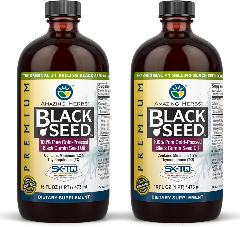 Amazing Herbs Premium Black Seed Oil - Gluten Free, Non GMO, Frio Pressionado Nigella Sativa Aids em Saúde Digestiva, Suporte Imune, Função Cérebro, Mobilidade Conjunta - 16 Fl Oz (Pacote de 2)