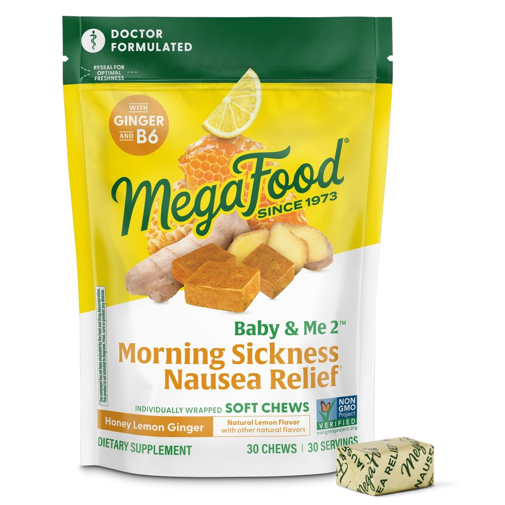 MegaFood Baby & Me Alívio de doença pré-natal da manhã, mastigação de gengibre, com vitamina B6, feita sem 9 alergens alimentares, mel limão sabor de gengibre, 30 mastigações