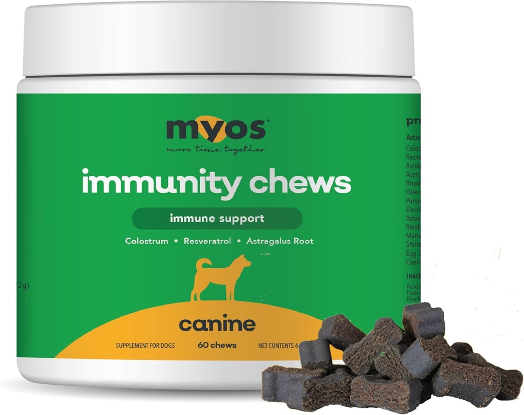 MYOS Imunidade Mastigar para cães - suporte do sistema imunológico, antioxidantes, ajuda a saúde celular e vitalidade- com Colostrum, Resveratrol, Astragalus Root, e cogumelos- Suplemento diária mastigável