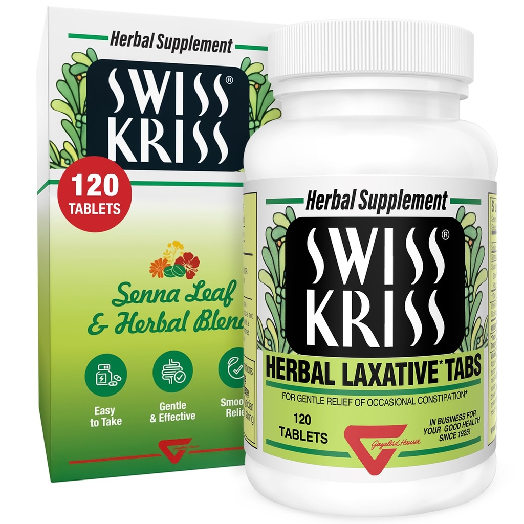 Comprimidos Laxativos Suíços Kriss Herbal, Laxantes Gentil & Natural para alívio da constipação para adultos e crianças com mais de 6 anos, Funciona em 6-12 horas, Senna Laxative, 120 comprimidos Total
