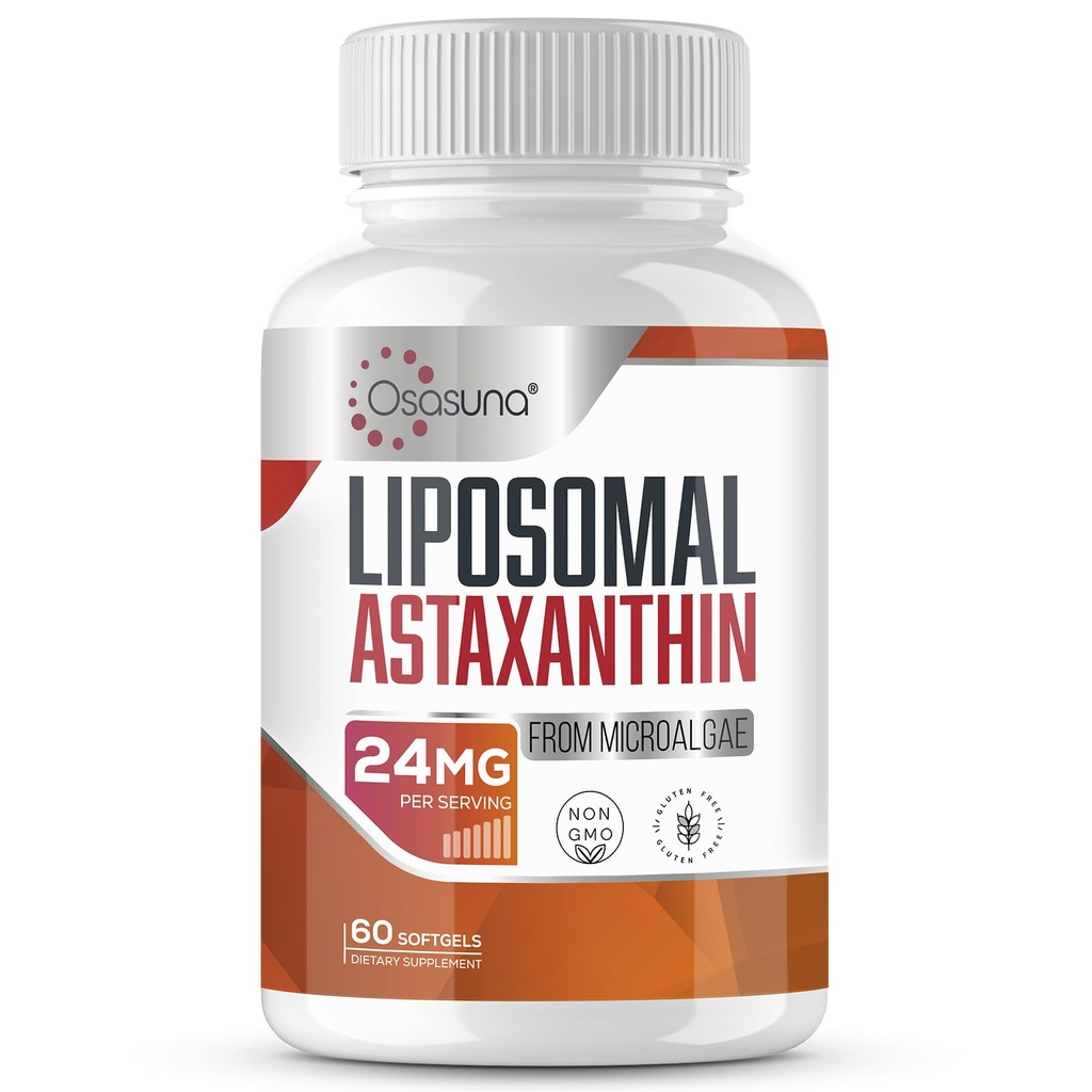 Suplemento de Astaxantina Lipossômico 24 MG, Absorção Máxima, Antioxidante Mais Forte do que VIT C, Não-GMO e Glúten Livre - 60 Softgels(2 meses de fornecimento)