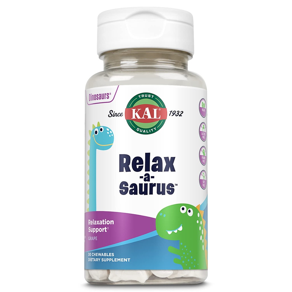 KAL Relax-a-Saurus, suplemento de suporte de estresse para crianças, L-Theanina para crianças com alívio de estresse de ervas & Relaxação & Mistura, delicioso sabor de uva natural, 60 dias de garantia, 30 Mastigables
