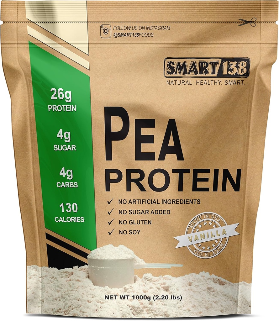 Smart138 Proteína de ervilha de baunilha, Pó ultra fino, Vegan, Sem glúten, Sem soja, Sem leite, Não-GMO, EUA/Canadá, Keto (Baixo Carbo), BCAAs naturais (1000g / 2.2lbs, Baunilha)