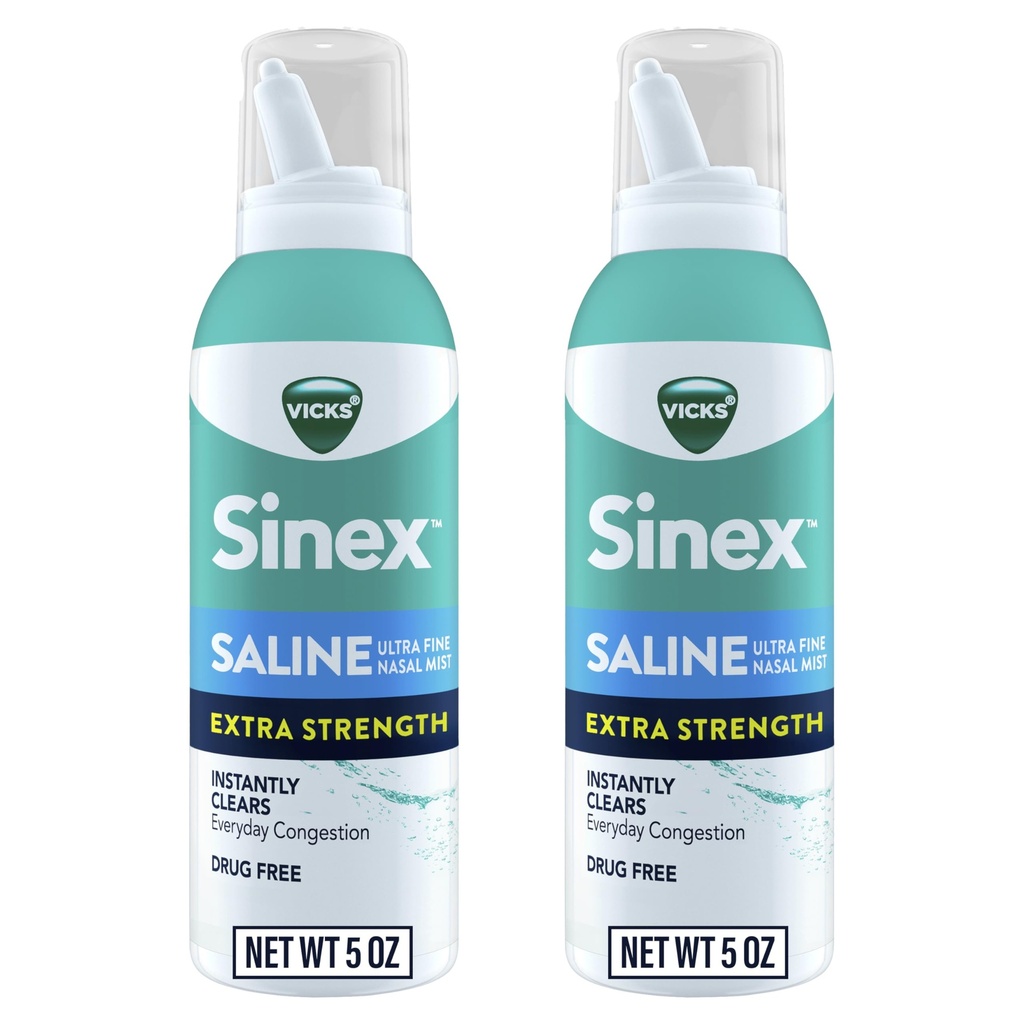 VICKS Sinex Salina Extra Força Pulverização nasal, 3X Concentrado * Drug Free Ultra Fine Mist, Limpa Instantaneamente o muco, Ultra Concentrado para limpar o congestão com garantia, seguro para uso diário, 5 OZ x 2