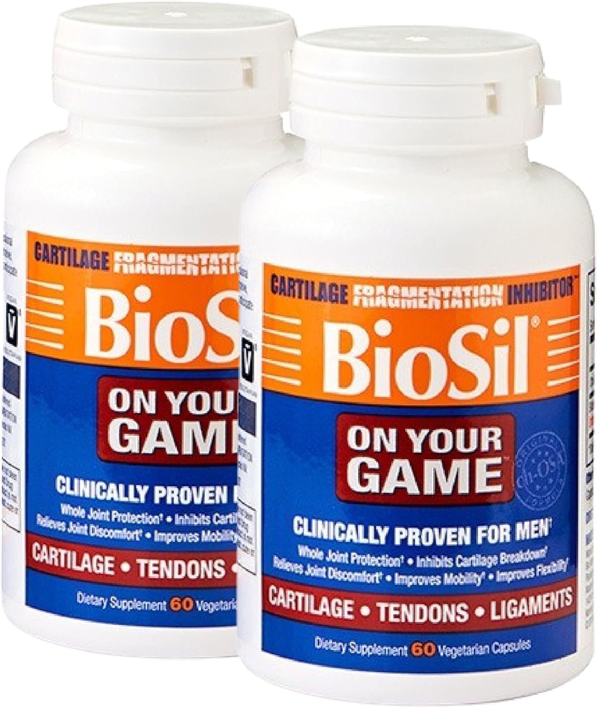Biosil On Your Game - 60 Cápsulas Veggie, Pacote de 2 - com Complexo ch-OSA patenteado - Aumentar a produção de colágeno para alívio da dor conjunta, flexibilidade e gama de movimento - OGM grátis - 60 dias de fornecimento