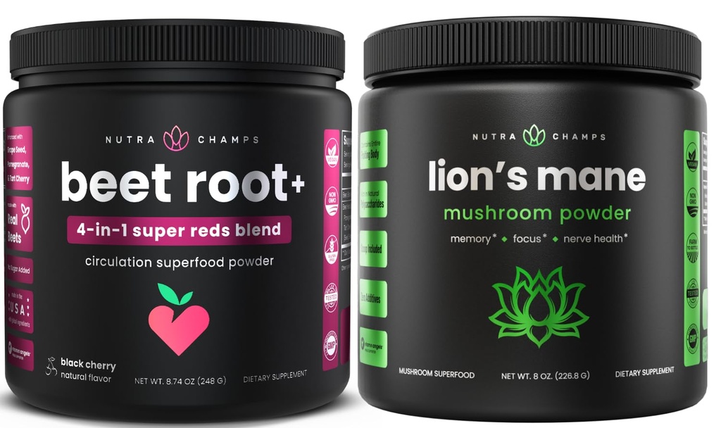 NutraChamps Beterraba Raiz de Pó e Pó de Mane Leão. Misturas de circulação e adaptogênio poderosas