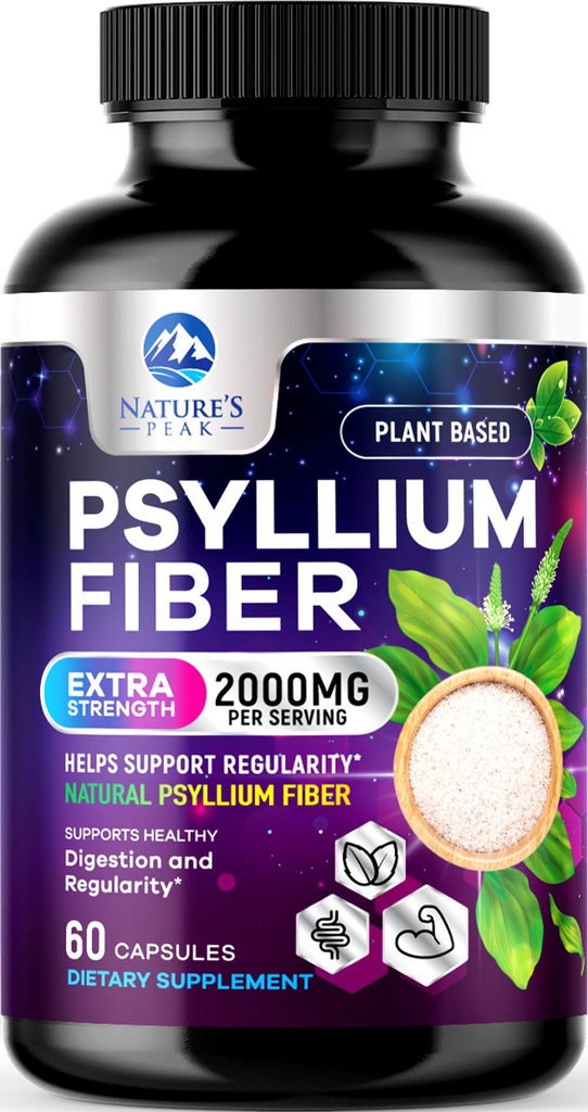 Psyllium Husk Fiber Supplement 1500mg - Vegan Prebiótico, Fibra Solúvel para Saúde Digestiva Diária & Regularidade Suporte, Natural Psyllium Powder Caps, Livre de Açúcar, Não-GMO & Gluten-Free - 60 Cápsulas