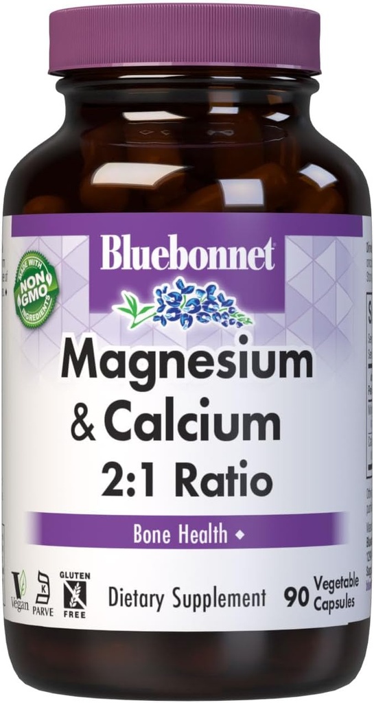 Bluebonnet Nutrition Magnésio & Cálcio 2:1 Razão, Saúde óssea*, Não-GMO, Vegan, Kosher Certificado, Sem glúten, Sem soja, Sem leite, 90 Cápsulas Vegetais, 30 Servings