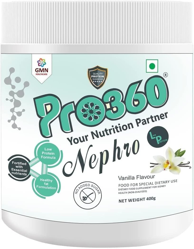 AZAZ Pro360 Nephro LP - Não-Diálise Cuidado Nutricional Protein Drink (Vanilla Sabor) Não Adicionado Açúcar, Suplemento Dietário Especial para Rim / Saúde Renal, 400 Gm