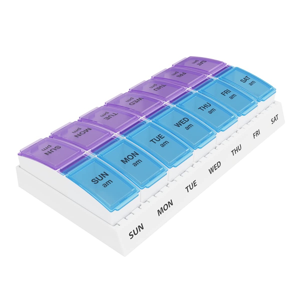 Ezy Dose Semanal (7-Dia) Organizador de comprimidos AM/PM, Caixa de Vitaminas e Medicina, Pequenos Compartimentos Pop-out, 2 vezes por dia, Tampas Azul e Roxa