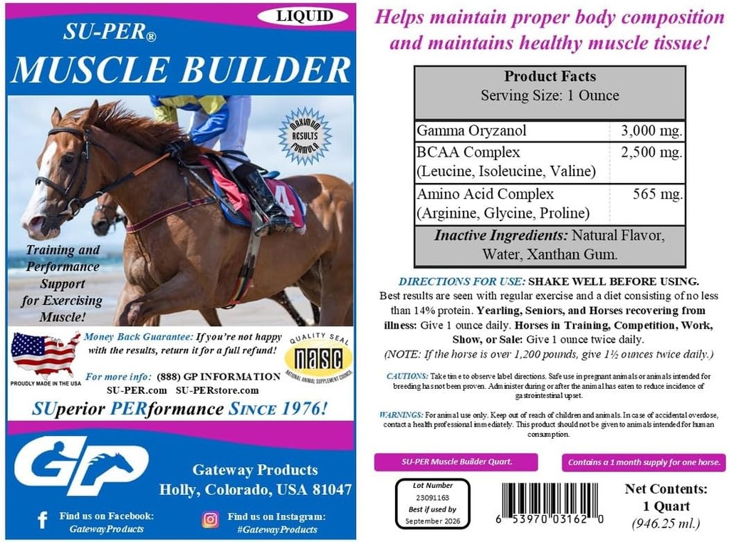 SU-PER Muscle Builder Horse Supplement - Treinamento e suporte de desempenho para exercício muscular - 1 Gallon + Bomba