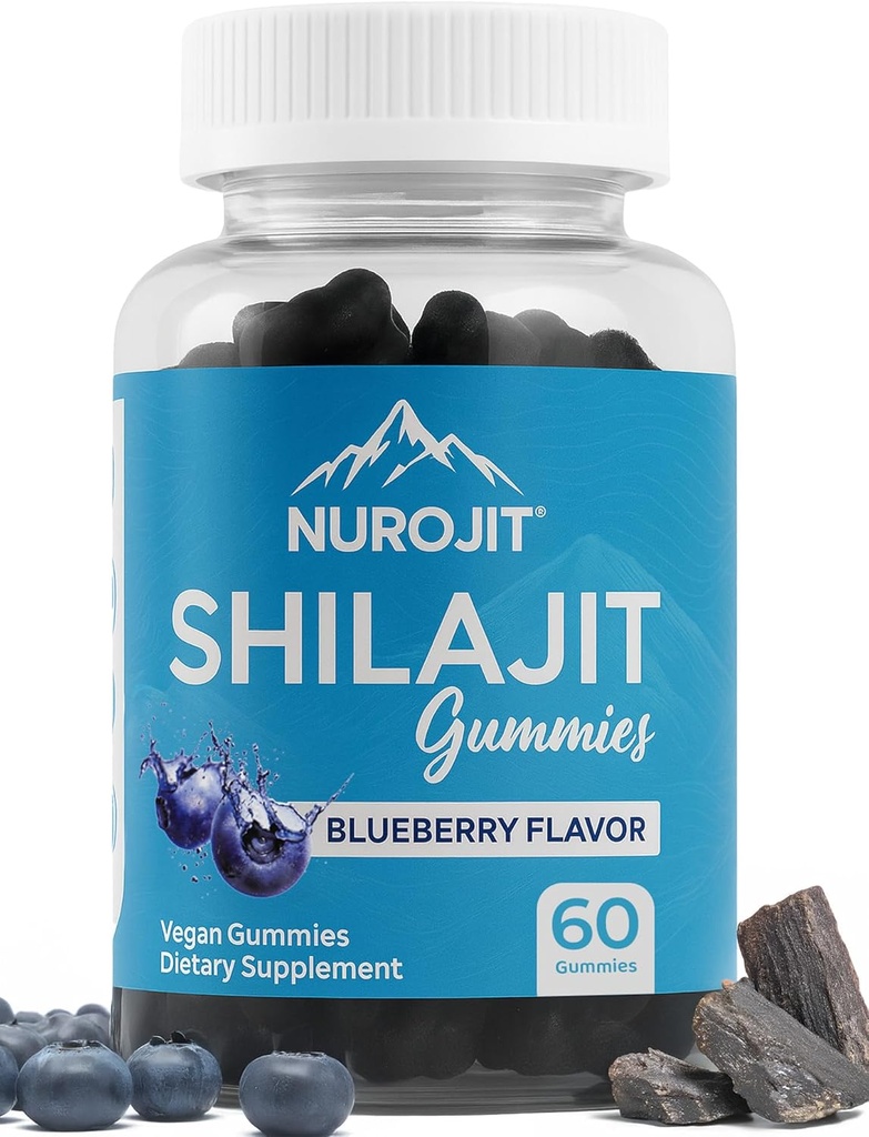 Gummies Shilajit, Aroma de mirtilo, Extrato de Himalaia, Testado em laboratório, Não-GMO, Glúten livre, Vegan Friendly, Alternativa livre de mess à resina, Adição simples à rotina diária, 60 Gummies Vegan
