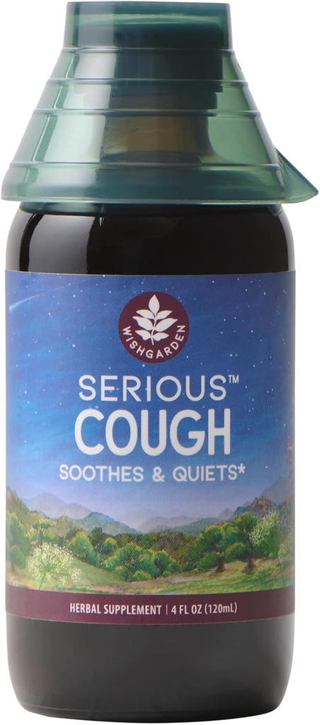 WishGarden Herbs Serious Tosse Soothing & Quieting - Fast-Acting Herbal Tosse Supressor para Adultos, Relief Tosse seca e Expectante Tosse, Alivia a irritação da garganta e descongestionante peito, 4 onças