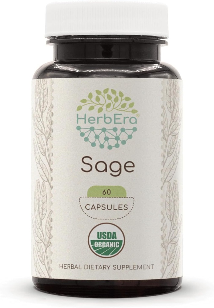 HerbEra Sage 60 Cápsulas, 500 mg, USDA Organic Sage (Salvia officinalis) Seco Folha (60 Cápsulas)