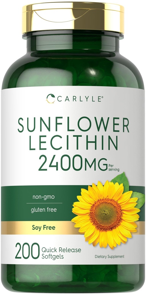 Carlyle girassol Lecithin Softgel Cápsulas de .. 2400mg .. 200 Contagem .. Rico em Phosphatidyl Choline .. Não-GMO, Soja grátis, Suplemento sem glúten