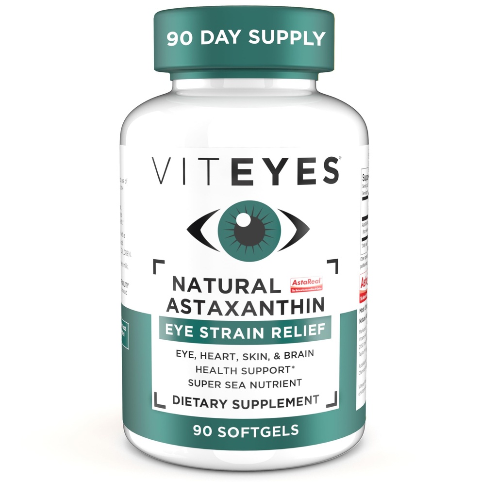 Viteyes Astaxantina Natural, Aliviar Olhos Cansados e Eye Strain, Fonte de Algae, Hidratação da Pele, Coração e Saúde do Cérebro, 4 a 8 mg Astaxantina Natural, 90 Softgels