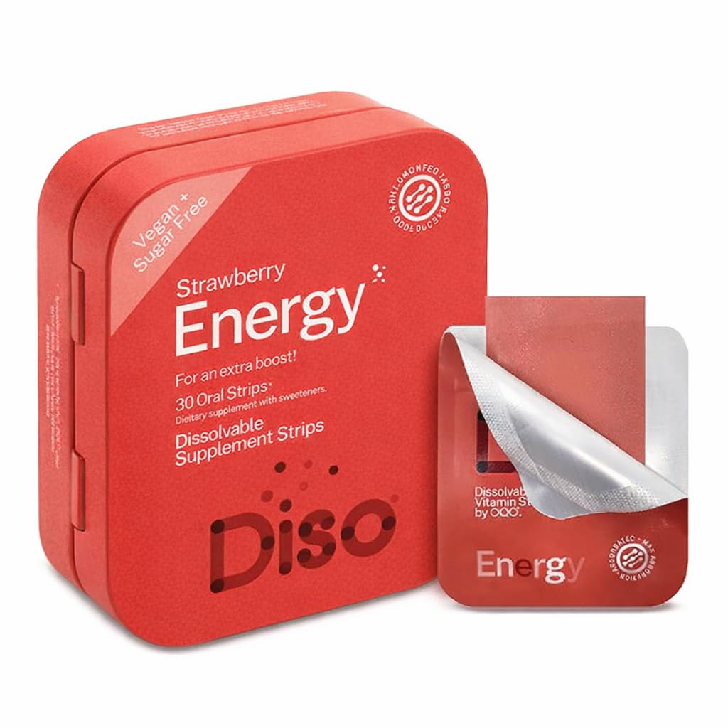 DISO - Energia - Tiras de cafeína de dissolução rápida com vitaminas, Morango Flavor, Vegan, Açúcar Livre, Alta Absorção, Glúten Livre, Embrulhado individualmente, 30 Tiras Dissolváveis