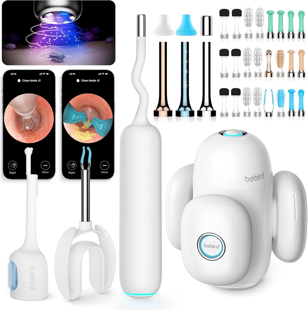 BEBIRD Home 30S Sistema de Cuidados com Orelha - Limpador de Canal de Orelha com Câmera FHD de Escopo Flexível, Luz LED UVC, Drops Visual de Orelhas, Ferramenta de Remoção de Cera para Limpar o Orelha, 3 Conjunto de Kits de Limpeza para Adultos / Crianças