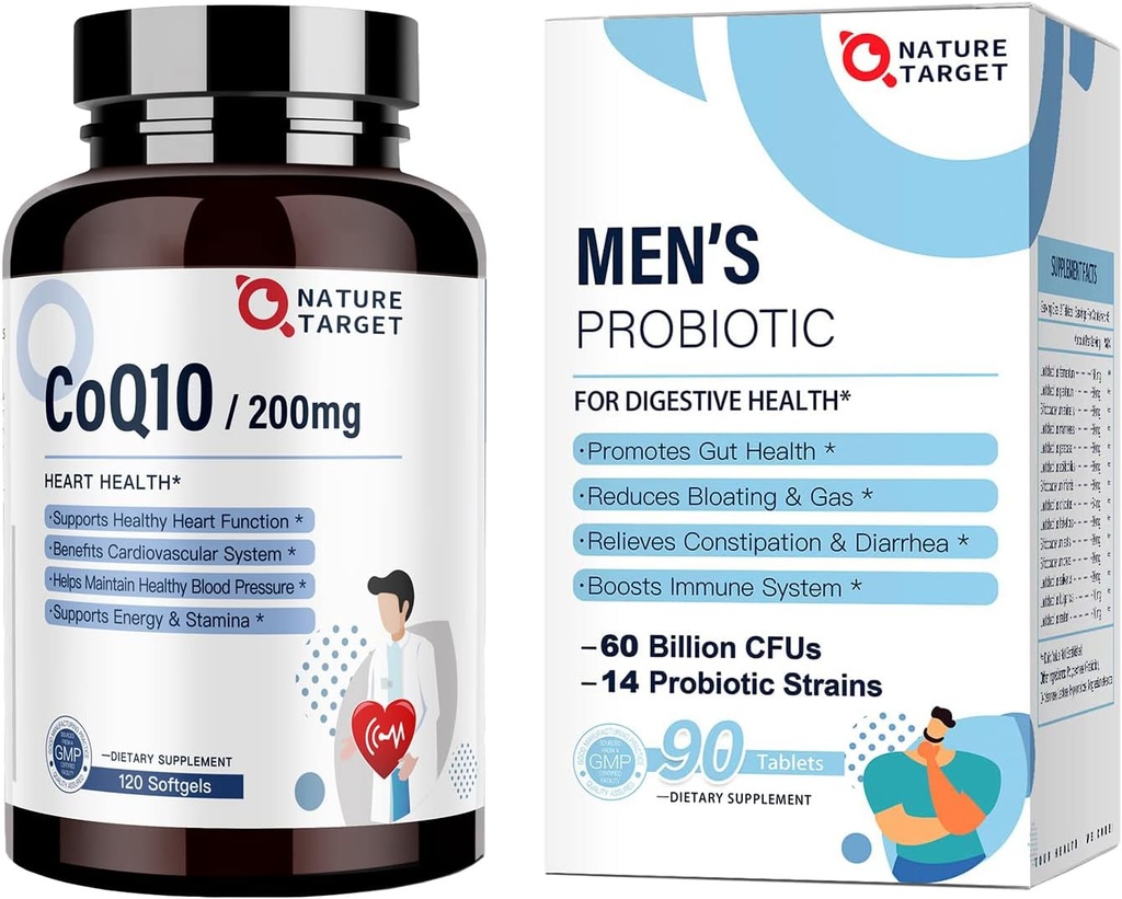 NATURE TARGET Probióticos para homens 60 bilhões de UFC 14 Strains & CoQ10 200mg Softgels com PQQ Antioxidante para a produção de coração-saúde e energia