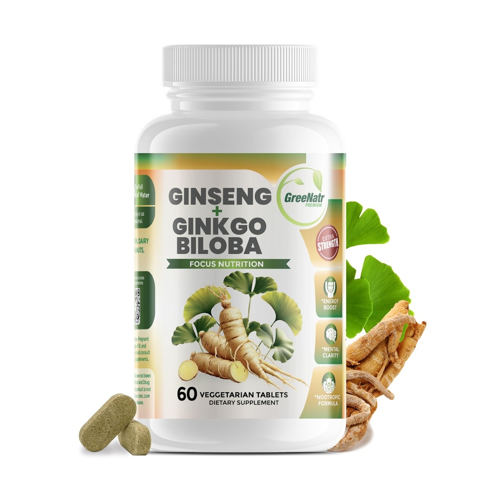 GreeNatr Ginko Biloba & Panax Ginseng Suplemento - Red Ginseng Cérebro Suplemento para memória e foco - Ginkgo Biloba Suplementos para boa visão, sistema imunológico e fluxo de sangue melhorado - 60 comprimidos