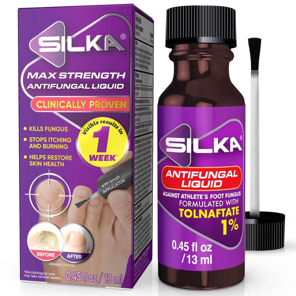 SILKA Max Strength Líquido antifúngico para a saúde da unha com aplicador de escova, Resultados em 1 semana, Tratamento de fungos de unhas para unhas danificadas, Tratamento do pé de Atleta, Tolnaftato 1% 0,45 Fl Oz
