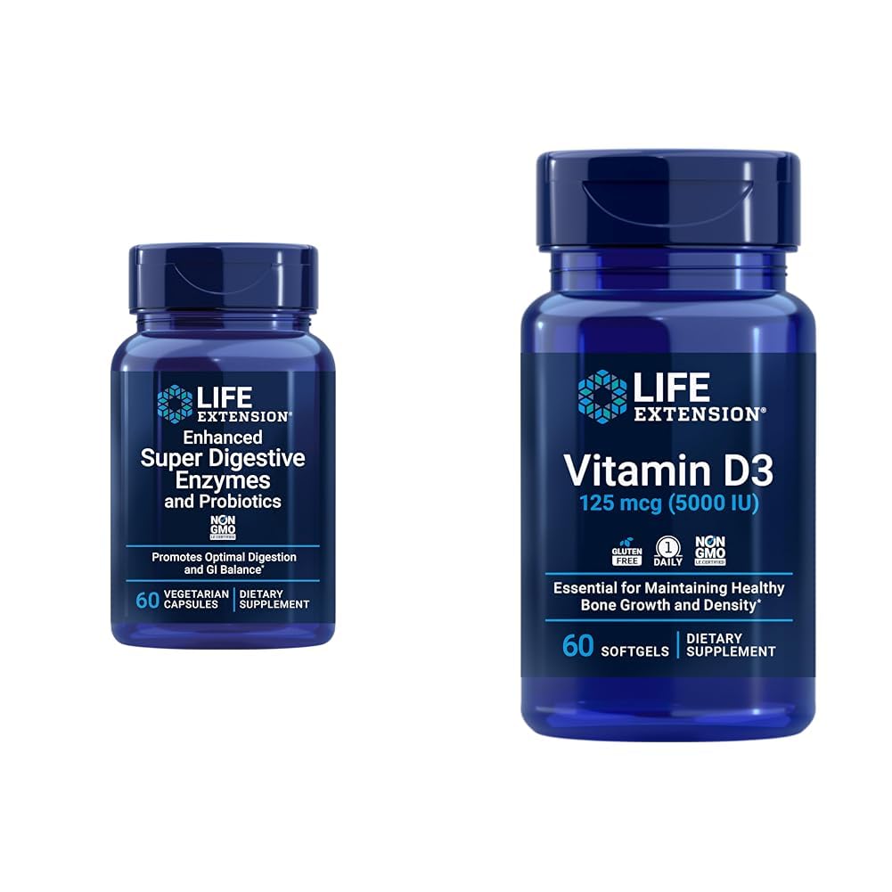 Extensão de vida 60-Count Super Digestive Enzimas & 5000 UI Cápsulas de Vitamina D3 para Digestão, Osso, Cérebro, Saúde Imune