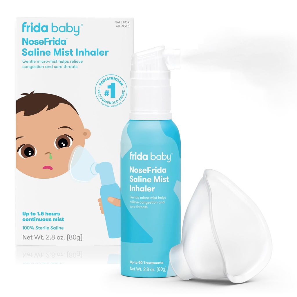Frida Baby NaseFrida Saline Mist Nasal Inhaler, Spray descongestionante para congestão e alívio de alergia para bebês + Crianças, Nasal Saline Spray, acalma nariz recheado e garganta dolorida, inclui máscara