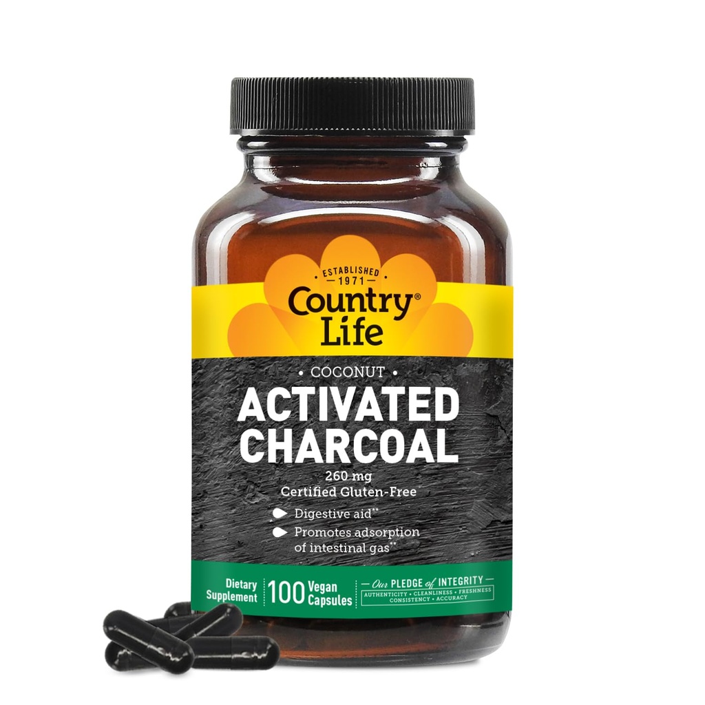 País Vida Coco cápsulas de carvão ativado, 260mg – Suplemento de carvão natural para gás e bloating alívio - sem glúten, 100 Cápsulas Vegan