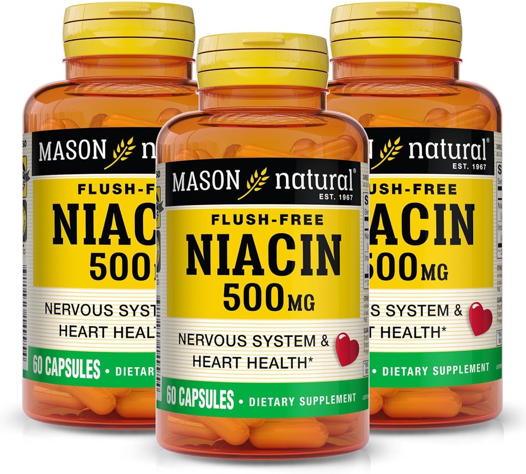 MASON NATURAL Niacin 500 mg Livre de Flush, Suporta Saúde do Coração, Sistema Nervoso e Produção de Energia, 60 Cápsulas, Embalagem de 3