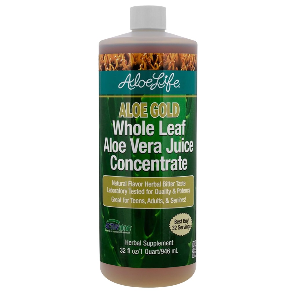 Aloe Life - Suco de folha inteira de Aloe Vera, certificado orgânico, sem glúten (Aloe Gold, 32 onças)