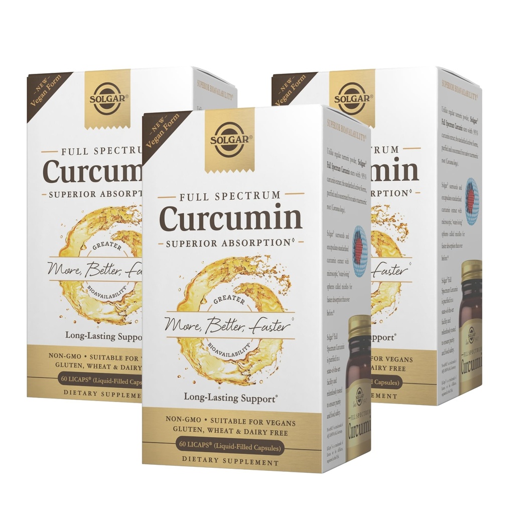 Solgar Full Spectrum Curcumin - 60 LiCaps, Pacote de 3 - Absorção Superior - Cérebro, Conjunção & Saúde Imune - Não-GMO, Vegan, Glúten Livre, Leite Livre - 180 Total Servings