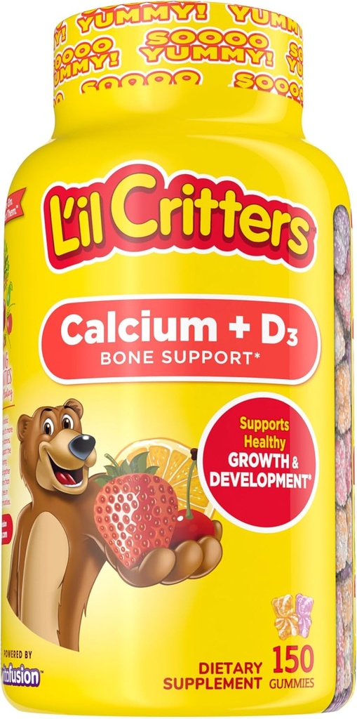 L’il Critters Cálcio + D3 Suplemento diário Gummy para crianças, para suporte ósseo, laranja, morango e cereja sabores, 150 chicletes