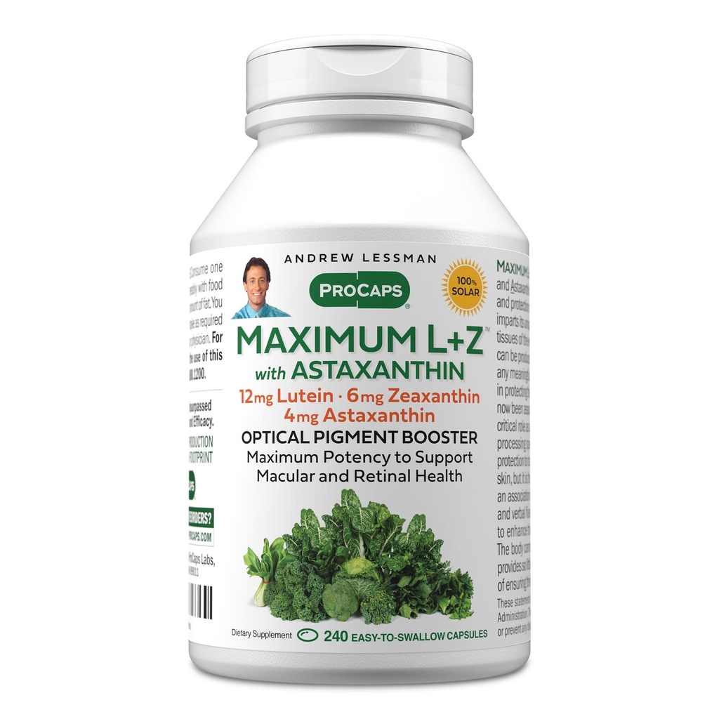 ANDREW LESSMAN Máximo L+Z com Astaxantina 240 Softgels - 12mg Lutein, 6mg Zeaxanthin, 4mg Astaxantina. Nutrientes chave para apoiar a saúde do olho e do cérebro, e promover a visão saudável.