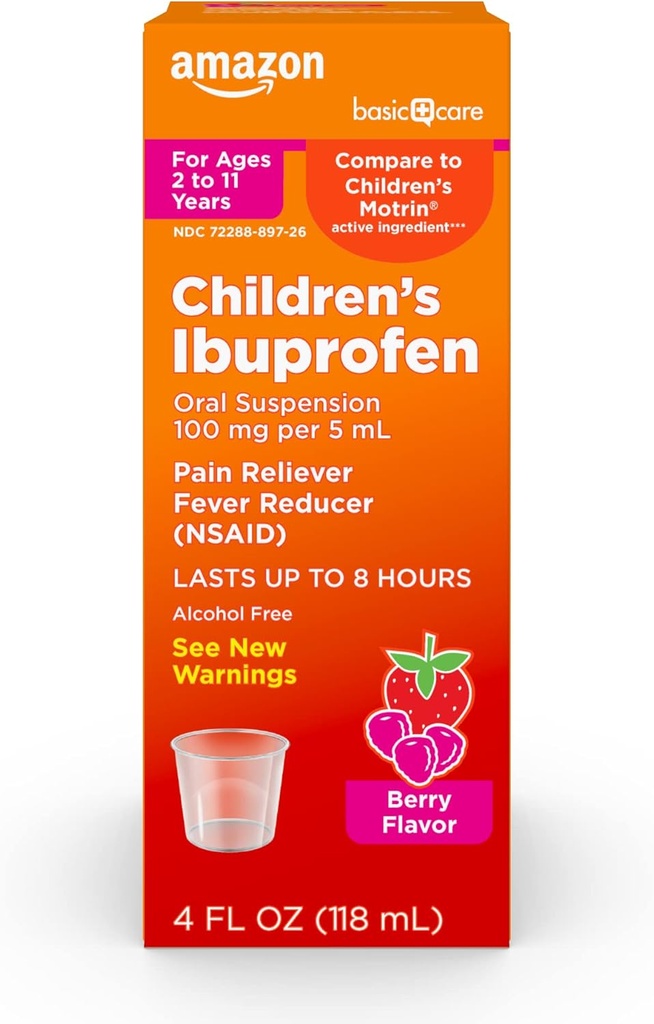Cuidados Básicos Ibuprofeno Suspensão oral 100 mg, Berry, 4 fl oz (Pacote de 1)