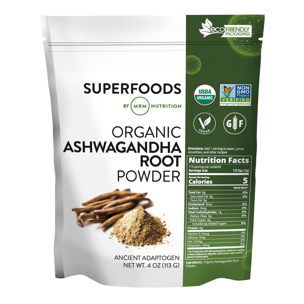 MRM Nutrition Organic Ashwagandha Root Powder - Superalimentos - Adaptogen antigo - Antioxidantes - Vegan + Glúten-Free - 113 Servings