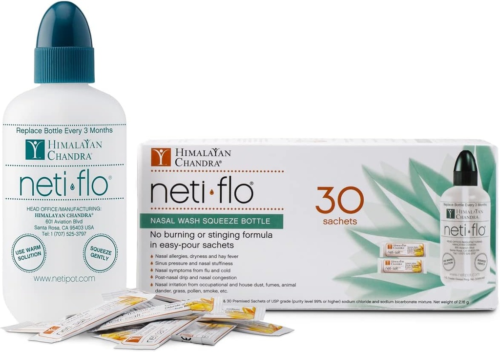 Garrafa de lavagem nasal do Himalayan Neti Flo com 30 saquetas, 10 onça