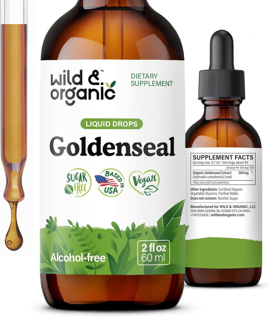 Selvagem & Orgânico Goldenseal Root Tintura - Lung Cleanse, Immune & Digestive Support - Líquido Goldenseal Supplement - Vegan, Açúcar & Álcool Drops Herb - 2 fl oz