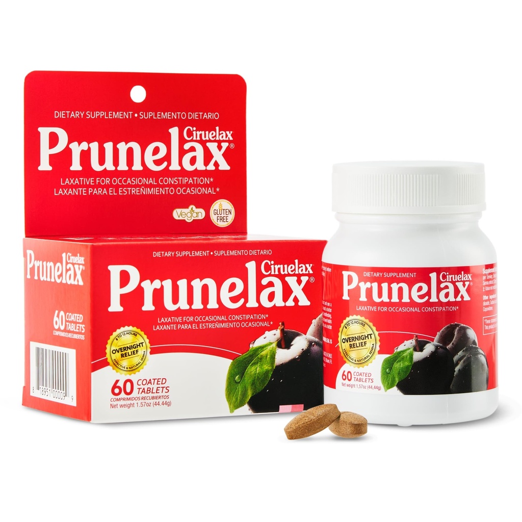 Prunelax Ciruelax Comprimidos Laxativos de Força Regular - Overnight Relief para Obstipação Ocasional, Extrato de Sena, Vegan & Gluten-Free, Fast-Acting Gentle Alief - 60ct