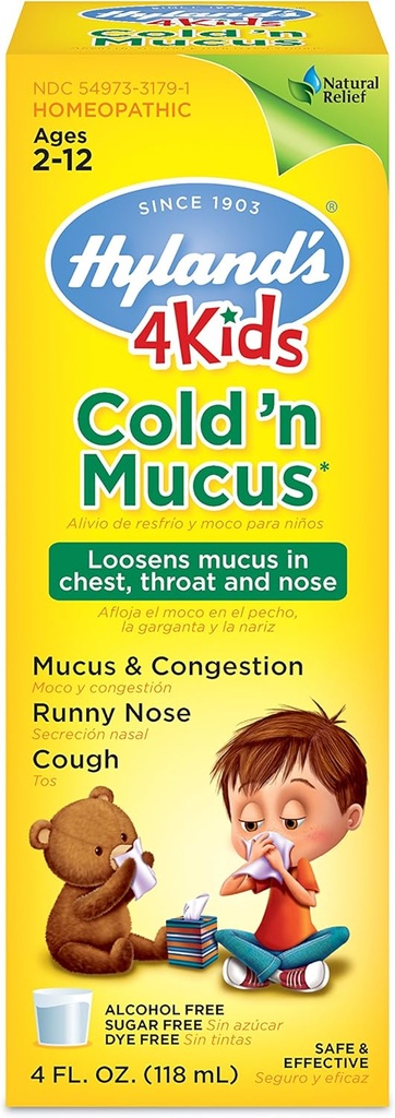 Hyland's Cold Medicine for Kids Ages 2 and up, Cold 'n Mucus Relief Liquid, Natural Alief of Mucus and Congestion, Runny Nase, Tosse, 4 Onças
