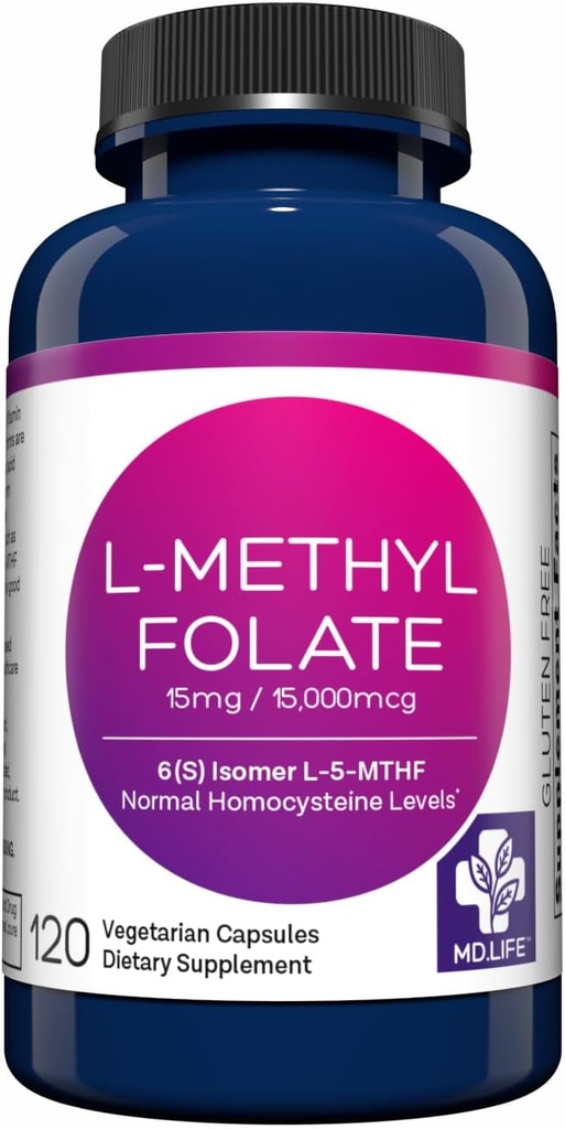 Vida MD L-Metilfolato 15 mg Suplemento - Professional-Grade Active L Suplemento de metilfolato - 120 cápsulas - L-Metilfolato 15mg - máxima potência MTHFR W / Aminoácidos Essenciais